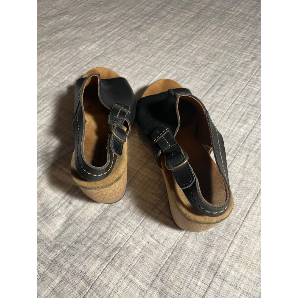 Clarks Elements Women's Leather Black Buckle Wedge Cork Heel Sandal Size 7M - Picture 11 of 13